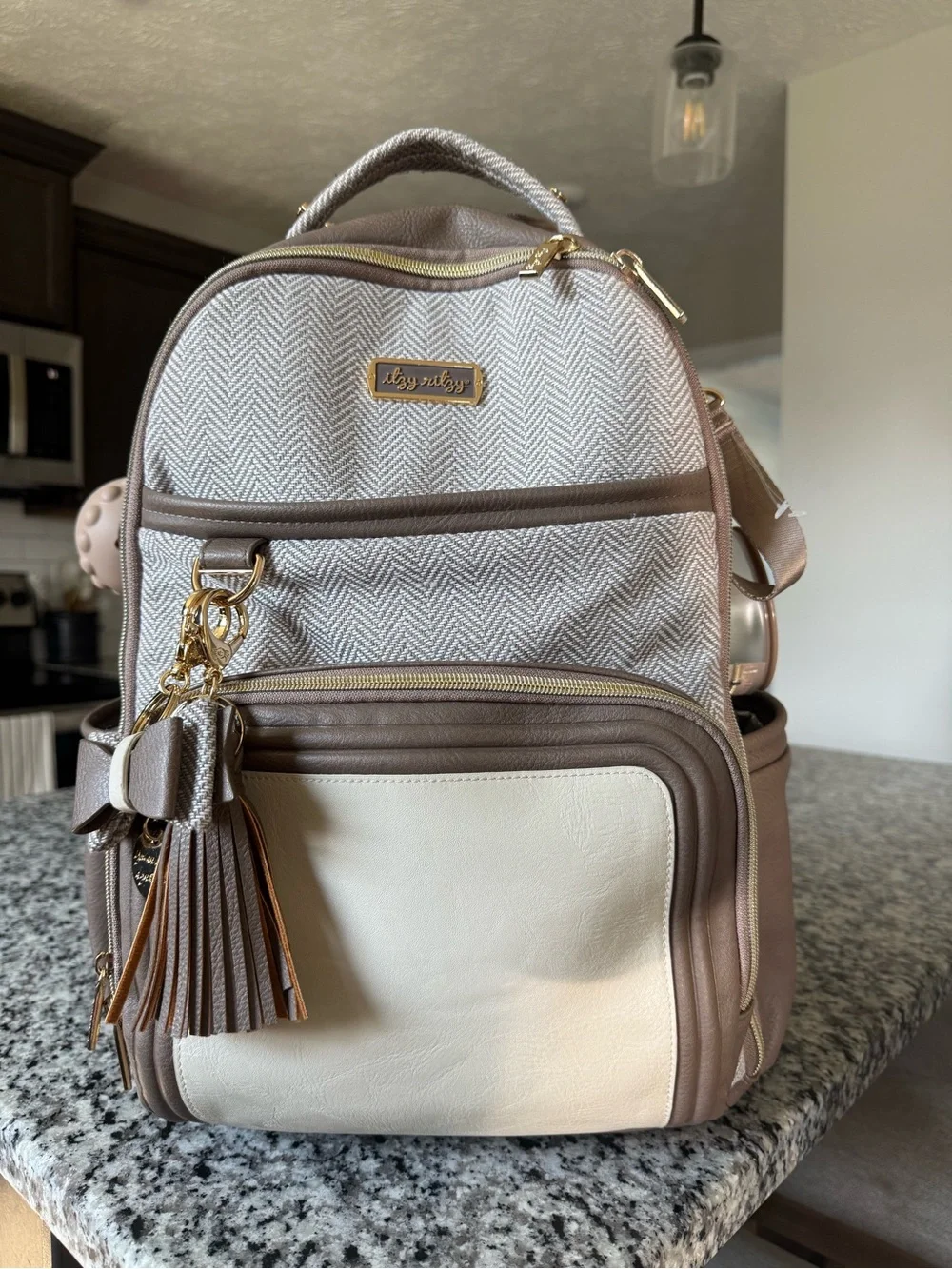 Itzy Ritzy Taupe & Cream Herringbone Convertible Diaper Backpack